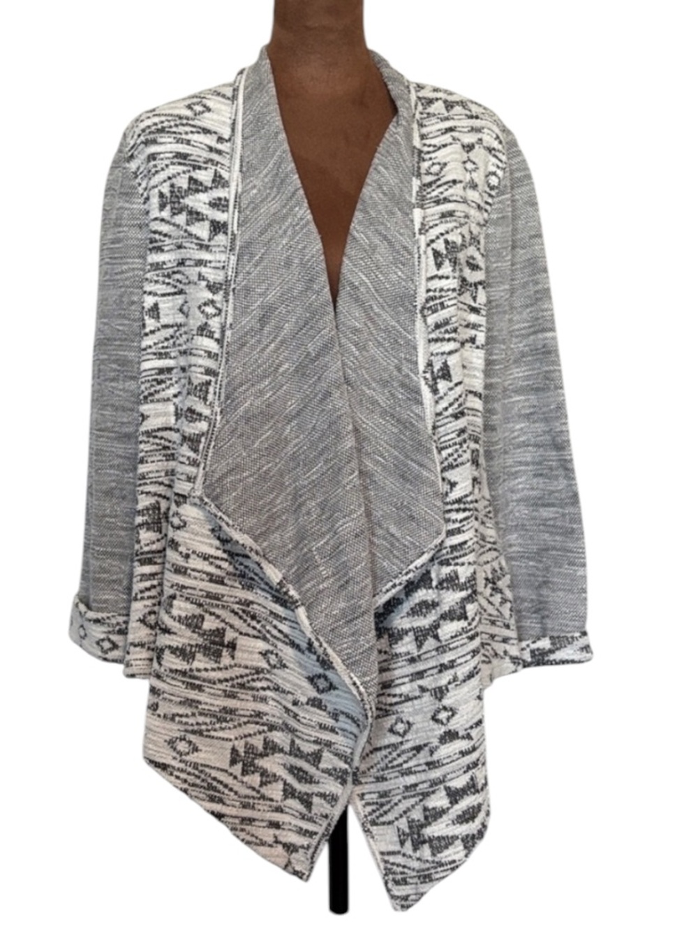 NWT One World Gray White Draped Open Front Cardigan Small Boho Aztec